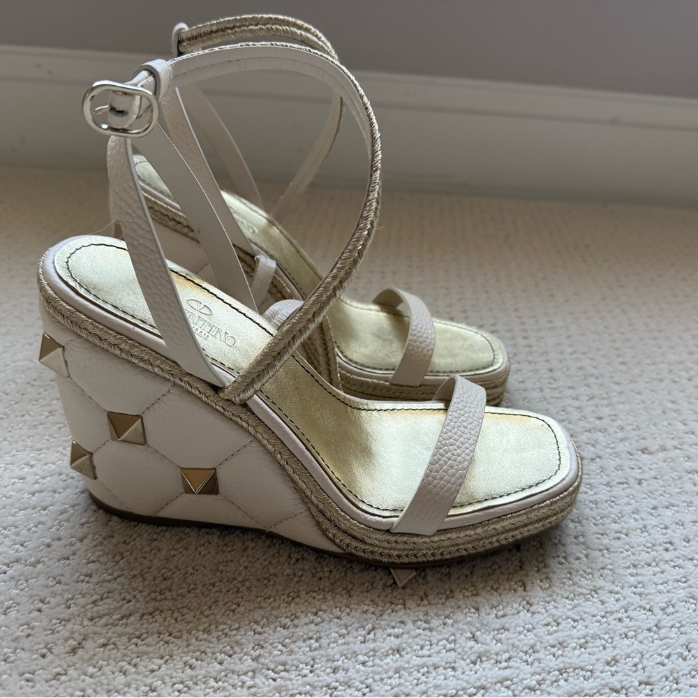 Valentino Cream Wedge Sandals with Studded Detail